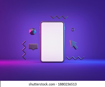 smartphone screen in neon blue and pink lights. minimal abstract shapes. technology background for advertising. 3d rendering