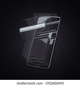 Smartphone Screen Protector Glass Or Film Cover. Transparent Multi Layered Glass Shield For Mobile Phone. 3d Illustration
