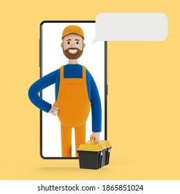 Smartphone screen with wizard. Husband for an hour. Electrician, plumber, carpenter, calling the foreman to work. 3D illustration in cartoon style.