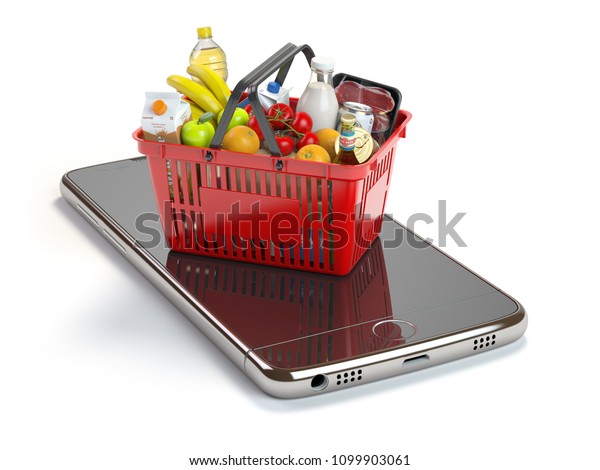 食べ物と飲み物を入れたスマートフォンと買い物かご ネットスーパーのコンセプト 3dイラスト のイラスト素材