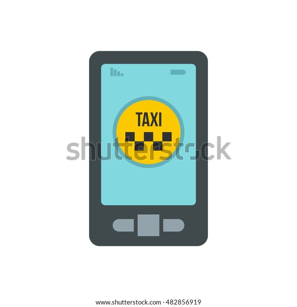 Smartphone with taxi service application icon\
in flat style on a white\
background