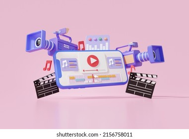 Smartphone Video Editing Mockup Movie Camera And Cuts Footage Sound Music Via Mobile App Creative Professional On Pink Background, Motion, Vlog, Movie Clapper Board, 3d Rendering