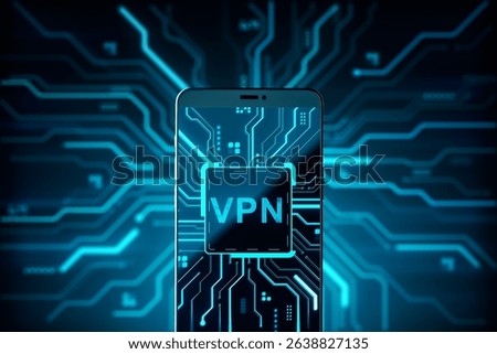 Smartphone with VPN interface and glowing blue circuit overlay on dark background, representing secure connection, privacy, and mobile network. 3D Rendering