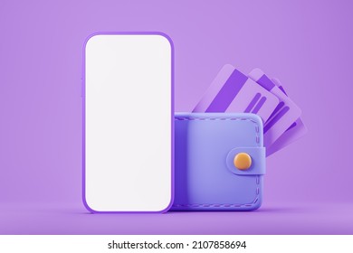 Smartphone And Wallet With Card On Purple Background. White Mock Up Empty Mobile Screen. Concept Of Online Transfer And Digital Banking