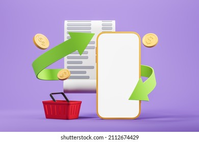 Smartphone With White Mock Up Screen, Receipt And Falling Down Dollar Coins, Basket Of Goods. Twisted Green Arrow As Concept Of Cash Back Transaction. Violet Background. Online Shopping. 3d Rendering