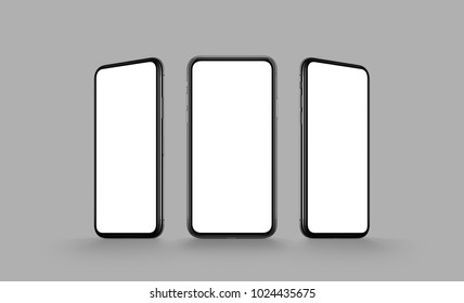 Smartphones Multi Screen Mockup. Several Front View Smartphones With Blank White Screens On Grey Color Background. 3D Illustration.