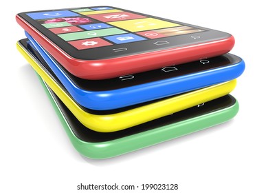 Smartphones. Pile Of Smart Phones With Colorful Flat UI. No Branded.  