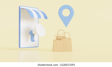 Smartphones with shopping bags and megaphones,
Promoting an online store in a mobile app.
concept of online shopping, 
3d rendering. - Powered by Shutterstock