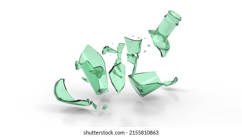Smashed broken glass soda beer empty bottle. Green color shards. 3D illustration.