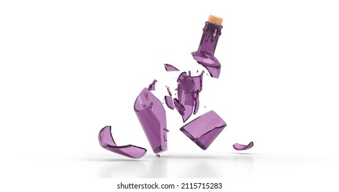 Smashed Broken Glass Wine Empty Bottle. Purple Color Shards. 3D Illustration.