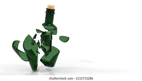 Smashed Broken Glass Wine Empty Bottle. Deep Green Color Shards. 3D Illustration.