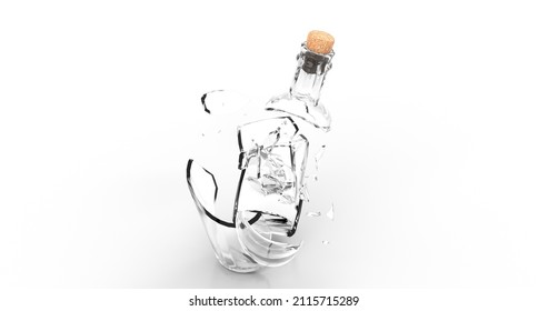 Smashed Broken Glass Wine Empty Bottle. Transparent No Color Shards. 3D Illustration.