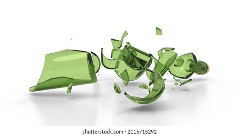 Smashed Broken Glass Wine Empty Bottle. Green Color Shards. 3D Illustration.
