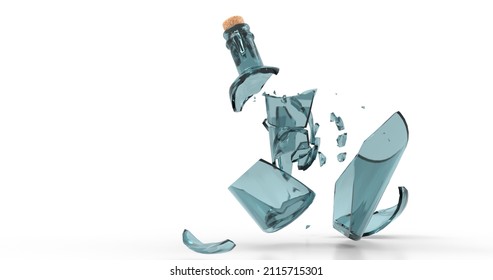 Smashed Broken Glass Wine Empty Bottle. Blue Color Shards. 3D Illustration.