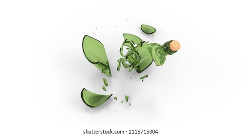 Smashed Broken Glass Wine Empty Bottle. Green Color Shards. 3D Illustration.