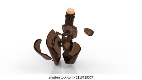 Smashed Broken Glass Wine Empty Bottle. Brown Color Shards. 3D Illustration.