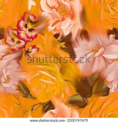 Smeared floral seamless pattern. Large blurred roses buds. Summer decorative flower bouquet. Dynamic botanical texture for fashion design print, textile.