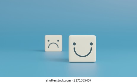 Smile Face And Blurred Sad Face Icon On Cube, Service Rating, Positive Satisfaction Concept, Positive Mindset, 3D Rendering 