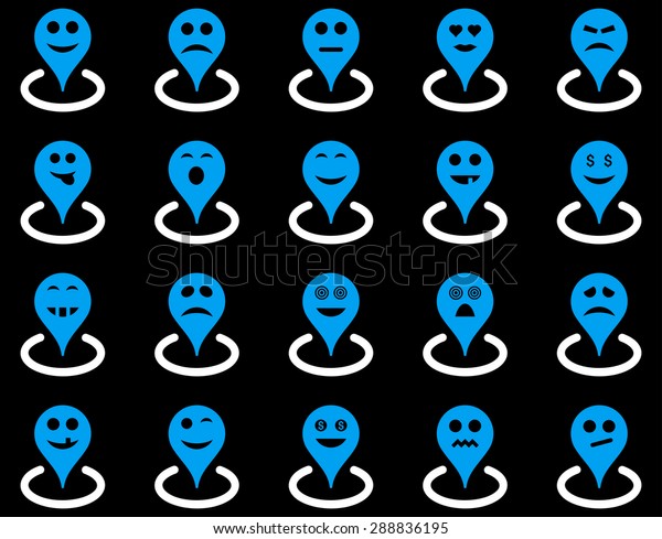 Smiled\
location icons. Glyph set style: bicolor flat images, blue and\
white symbols, isolated on a black\
background.