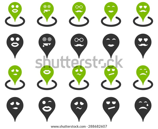 Smiled\
map marker icons. Glyph set style: bicolor flat images, eco green\
and gray symbols, isolated on a white\
background.