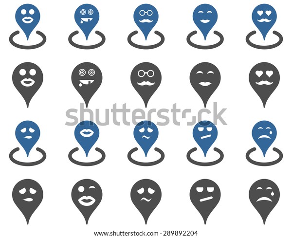 Smiled map\
marker icons. Glyph set style: bicolor flat images, cobalt and gray\
symbols, isolated on a white\
background.