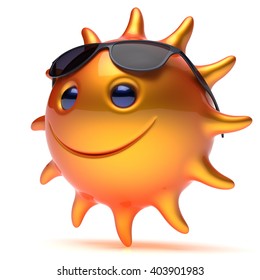 Smiley Sunglasses Star Sun Sunny Fiery Cheerful Face Summer Smile Cartoon Ball Emoticon Happy Orange Yellow Person Icon. Smiling Laughing Character Holiday Chilling Sunbathing Tropic Avatar. 3D Render