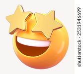 Smiling 3D emoji with giant star eyes, starry-eyed, round face with stars, happy 3D emoji with stars, 3D illustration of yellow smiling and joyful emoji expression.