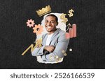 Smiling African American businessman in a suit, with business icons like a crown, gears, and dollar signs. African American businessman, business, success, and smiling. Money and finance.