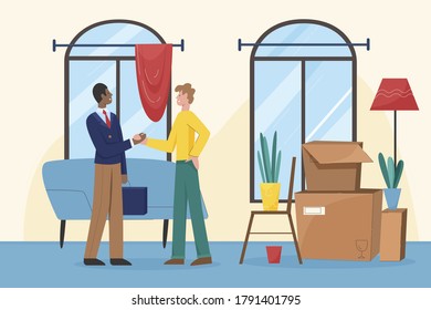 Smiling african american real estate agent broker realtor shake hands with happy caucasian client homeowner, satisfied with new house home apartment flat purchase, cartoon illustration. - Powered by Shutterstock