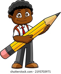 Smiling African American School Boy Cartoon Character Holding A Pencil. Raster Hand Drawn Illustration Isolated On White Background