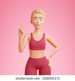 Smiling beautiful blonde cartoon character woman red sportswear show peace sign over pink background. 3d render illustration.