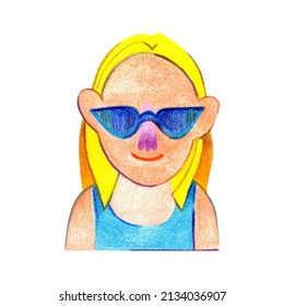 Smiling blonde in modern blue sunglasses. A pretty woman from the north. Hand-drawn illustration with colored pencils in the style of doodles. Isolated. For postcards, banners, designer T-shirts.