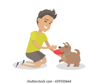 Smiling Boy Playing Frisbee With His Dog. Dog With Toy Flying Disk. Brown Dog Is Ready To Play Frisbee. Isolated Illustration On White Background