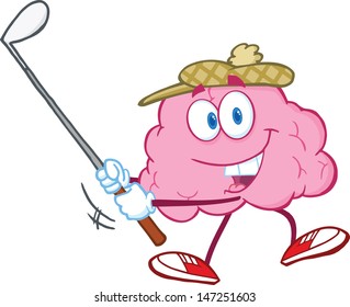 Smiling Brain Cartoon Character Swinging A Golf Club. Vector Version Also Available In Gallery