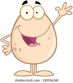 Smiling Brown Egg Cartoon Character Waving For Greeting.Raster Illustration.