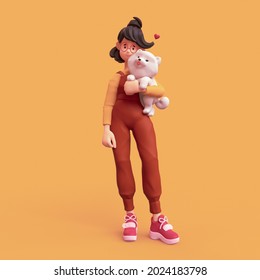 Сute smiling brunette girl in glasses wearing brown apron, yellow t-shirt, red sneakers stands holding large fluffy white playful puppy under her arm. Animal lover. 3d illustration on orange backdrop. - Powered by Shutterstock