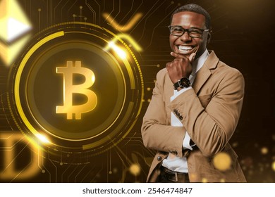 Smiling business African American man stands confidently with a Bitcoin symbol in the banner background. African American business man with Bitcoin, cryptocurrency, finance, and technology theme. 