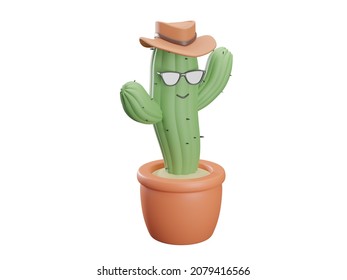 smiling cartoon cactus wearing a cowboy hat, wearing black glasses, white background  3d rendering. 