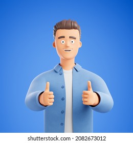 Smiling cartoon character man in blue shirt showing thumbs up over blue background. Good feedback concept. 3d render illustration.