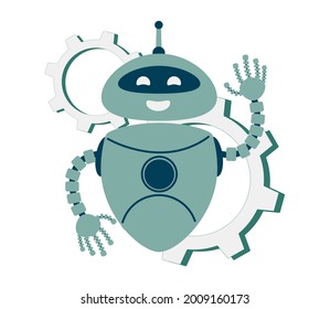 smiling chatbot helping solve a problems. robot shaking hand. greeting moves. cartoon illustration. isolated on white background.
