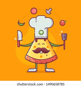 Smiling chief-cooker pizza man in chef hat with mustache juggling ingredients. Italian pizza cooking and making concept banner in flat design. - Powered by Shutterstock