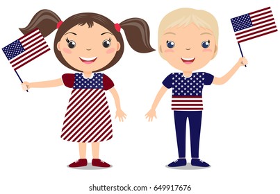 Smiling Childern, Boy And Girl, Holding A American Flag Isolated On White Background. Cartoon Mascot. Holiday Illustration To The Day Of The Country, Independence Day, Flag Day. 