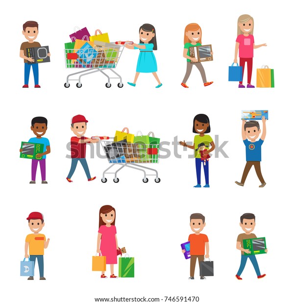 Smiling Children Doing Shopping Poster On Stock Illustration 746591470