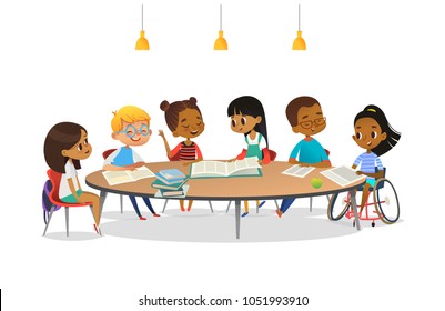 Smiling disabled girl in wheelchair and her school friends sitting around round table, reading books and talk to each other. Concept of inclusive activity. Cartoon vector illustration for banner - Powered by Shutterstock