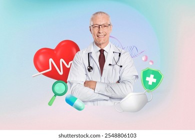 Smiling doctor in white coat with stethoscope, surrounded by health icons like heart, mask, and pill. Medical professional, healthcare, doctor theme. Healthcare and hospital mixed media. - Powered by Shutterstock