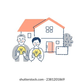 Smiling elderly couple holding coins in front of their house - Powered by Shutterstock