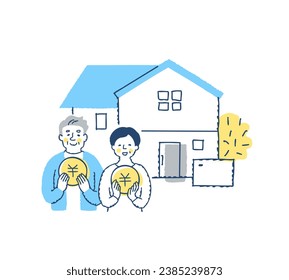 Smiling elderly couple holding coins in front of their house - Powered by Shutterstock