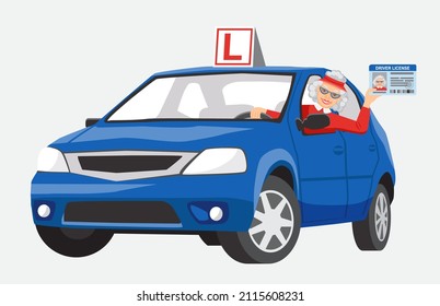 Smiling elderly woman sits in a blue training car and shows her driver license. The concept of longevity and an active lifestyle. Driving school or learning to drive. Illustration in flat style - Powered by Shutterstock