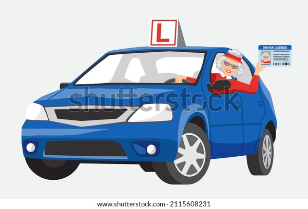 Smiling elderly woman sits in a blue training car\
and shows her driver license. The concept of longevity and an\
active lifestyle. Driving school or learning to drive. Illustration\
in flat style