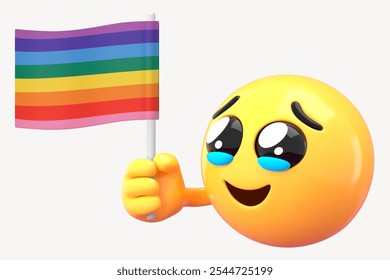 Smiling emoji holding a rainbow flag, symbolizing pride and diversity. The emoji's joyful expression and rainbow flag celebrate inclusivity and pride. LGBTQ+ rainbow flag. Emoticon holding LGBT flag. - Powered by Shutterstock